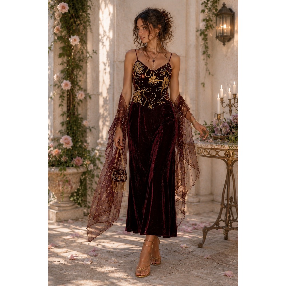 Fairy Whimsigoth Boho Y2K BurgundyGold Crushed Velvet SequinFloral Midi M Dress